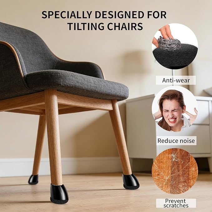 Ezprotekt 16 Pcs Chair Leg Floor Protectors, Silicone Covers Felt Furniture Pads for Hardwood Floors, Chair Leg Caps for Tilted Legs(15°-25°), Anti-Scratch and Reduce Noise Round L Black Fit (1"-1.3")