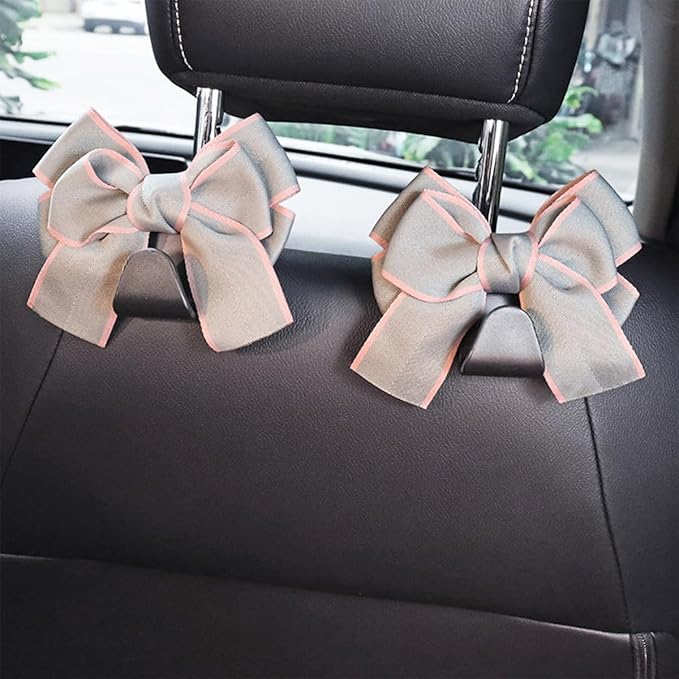 Mandark 2PCS Car Seat Headrest Hooks, Cute Bow Vehicle Hooks for Purses and Bags, Automotive Purse Hook Hanger Interior Decoration Accessories, Universal for SUV, Sedan, Truck (Gray Line)