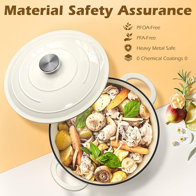 Umite Chef Enameled Cast Iron Dutch Oven-7QT Pot with Lid Cookbook & Cotton, Heavy-Duty Cookware for for Bread Baking, Braising, Stews, Marinate, Cook(Cream White)
