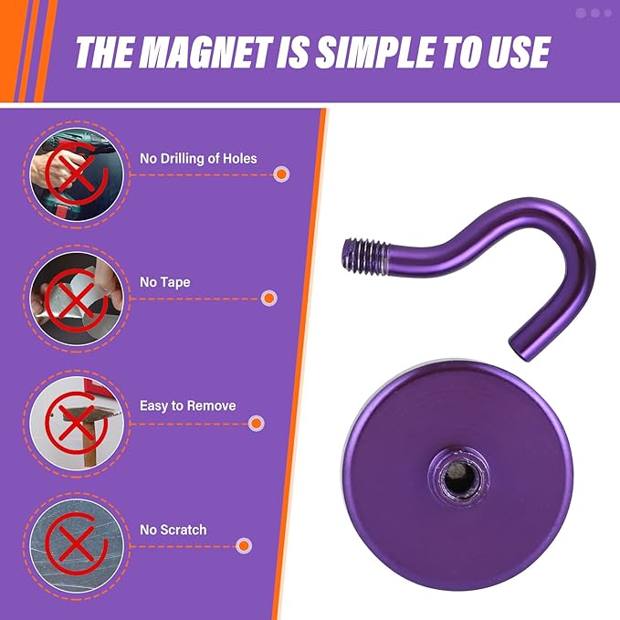 Neosmuk Magnetic Hooks, Heavy Duty 130lb+ Strong Magnet Hook for Cruise Cabins, Cruise Ship Essentials for Hanging, Metal Wall Refrigerator Hangers (Purple, 10 Pack)