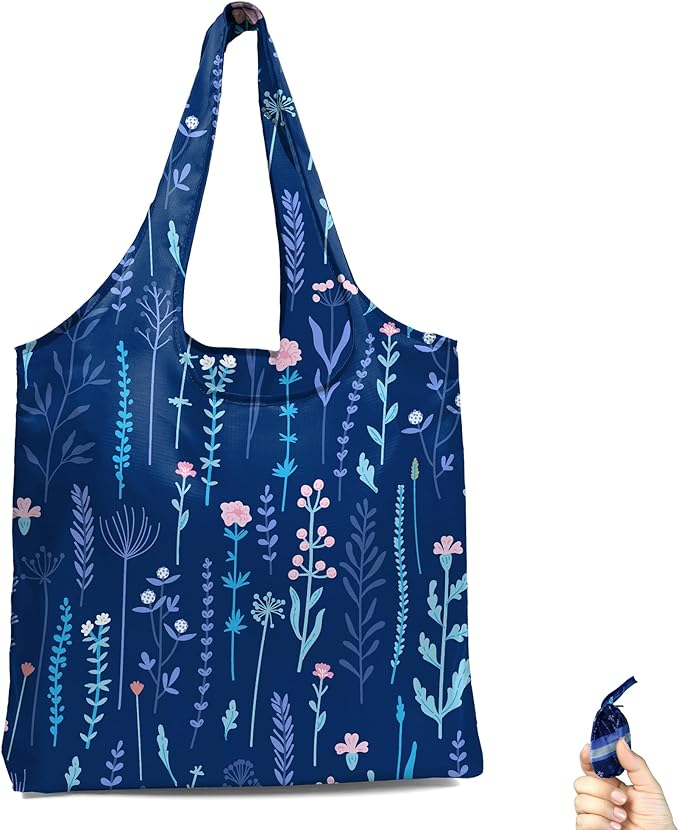 BeeGreen Floral Reusable-Grocery-Bags-Foldable-Machine-Washable Flower Reusable-Shopping-Bags Extra Large Reusable Bags Totes 66 Lbs Ultra-Lightweight Polyester Fabric