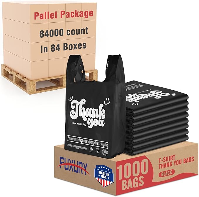 Fuxury Thank You Plastic T-shirt Bags Black 84000 Count (84 Boxes, 1000 Count/Box) Pallet Package for Small Business, Grocery, Takeout, To Go, Retail Shopping Bags in Bulk