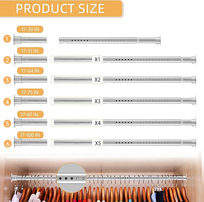 1.3 Inch Diameter Closet Rods for Hanging Clothes, 17-87 Inch Adjustable, Metal Heavy Duty Closet Pole, Silver Closet Bar for Hanging Clothes, Suitable for Closets, Wardrobes, Bathrooms, Windows