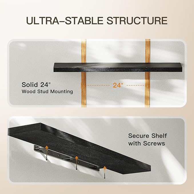 AMADA HOMEFURNISHING Floating Shelves Wall Mounted, 47 x 8 Inch Wall Shelves for Bathroom, Bedroom, Living Room, Black Shelves Set of 2