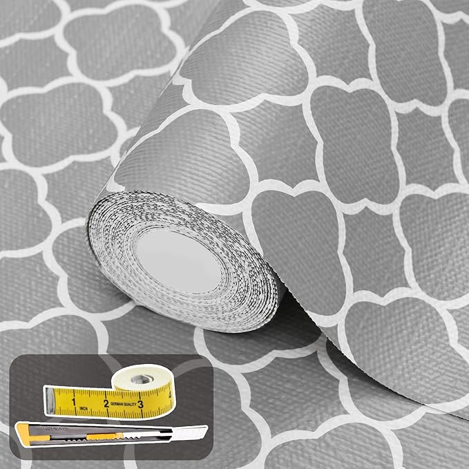 Shelf Liners for Kitchen Cabinets 12in x 20FT Non-Adhesive Drawer Liner Gray Quatrefoil Thickened Shelf Liner Paper Strong Non-Slip Easy to Clean for Tool Box Refrigerator with Knife and Tape Measure