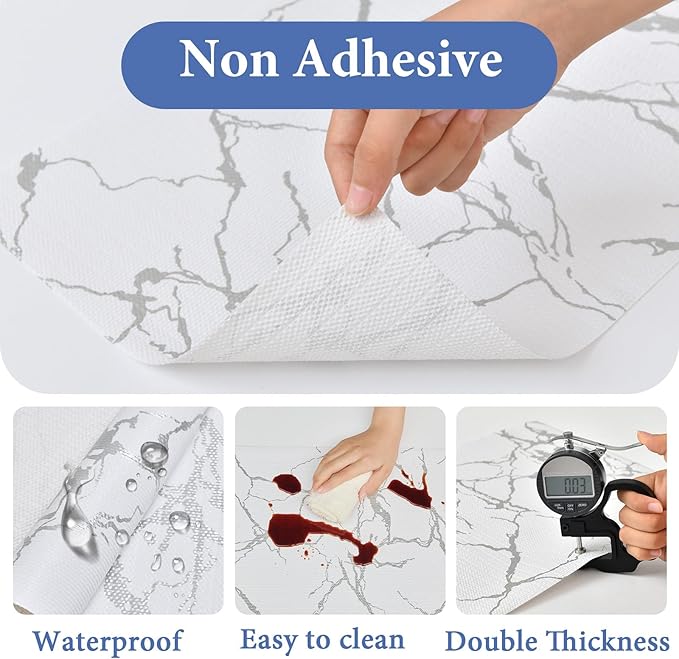 Drawer and Shelf Liner for Kitchen Cabinet: 17 in x 20 ft Non-Slip Waterproof Shelf Paper, Non-Adhesive Refrigerator Liners, Silver Marble Easy Liners for Bathroom with Knife and Tape Measure