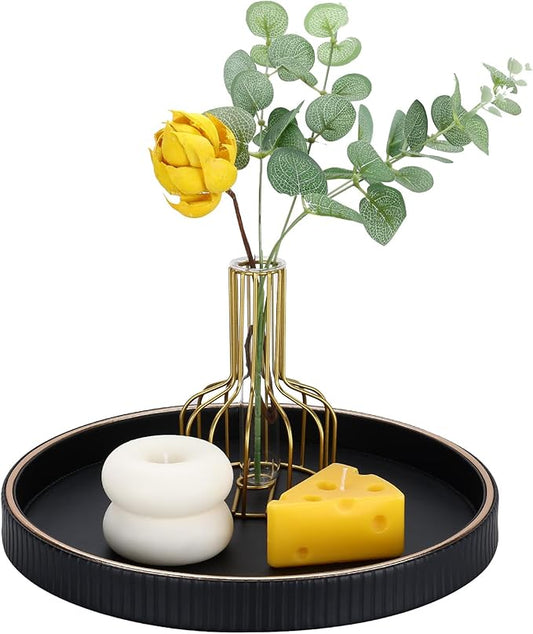 GORESE Decorative Tray for Home Decor, 12" Round PU Leather Coffee Table Tray Table Centerpiece for Living Room, Dresser, Vanity, Valet Tray Nightstand Organizer for Trinket Perfume Key, Black