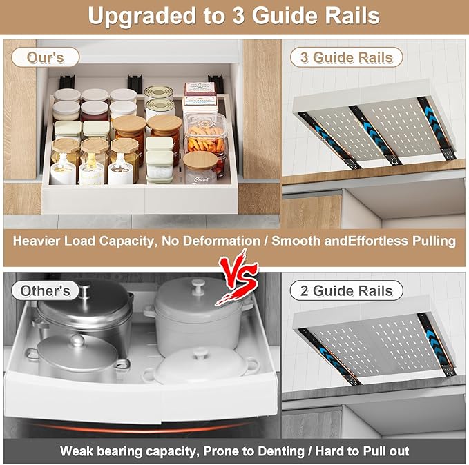 2Pc Pull Out Cabinet Organizer, Width (16"-21") and Depth (13"-17"), Expandable With 3 Rails, Cabinet Roll Out Drawers, Adjustable Slide Out Shelves for Kitchen and Pantry, for Cabinets Without Lip, White