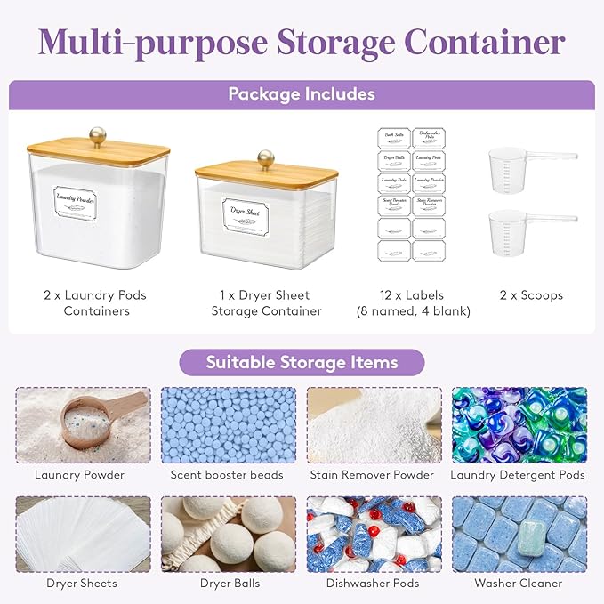 Lifewit Large Laundry Pods Container& Dryer Sheet Holder, Plastic Detergent Dispenser, Laundry Room Organization Storage Jars for Powder, Soap, Scent Booster Beads,Bamboo Lid,0.53+0.7 gal,3 Pcs