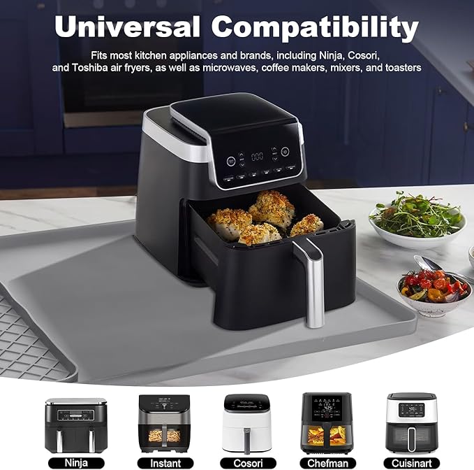 Silicone Heat Resistant Mat for Countertop - 24x16 Inch Air Fryer Mat with Kitchen Accessories Holder Pad for Microwave/Oven, Compatible with Ninja/Cosori/Chefman/Toshiba - Grey