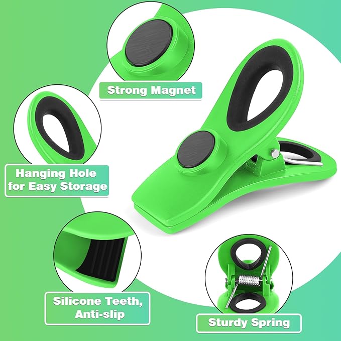 12 Pack Magnetic Chip Clips Bag Clips, Clip for Food Packages, Kitchen Clip with Magnet for Refrigerator, Green Plastic for Food Storage, Chips and Snack