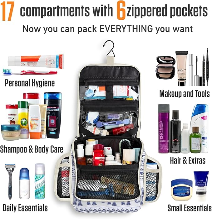 VENTURE 4TH Hanging Travel Toiletry Bag for Women & Men – Large Toiletry Organizer with 17 Compartments, Removable TSA Pouch, Travel Wash Bag for Toiletries, Makeup & Shaving Kit (Blue Elephant)