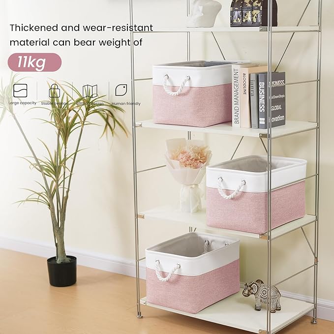 VQRTEXA Large Storage Baskets- 15x11x10 inch Storage Bins for Shelves and Closet Organizing, Foldable Fabric Bin for Home Organization Clothes and Laundry (6-Pack, White&Pink)