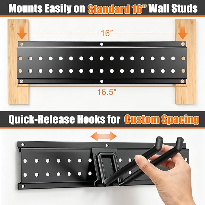 Garage Tool Organizer Wall Mount 66 inches with 13 Adjustable Heavy-Duty Hooks, Garage Organization, Garden Tool Storage Rack for Garage, Yard, and Shed, Holds Up to 520 lbs