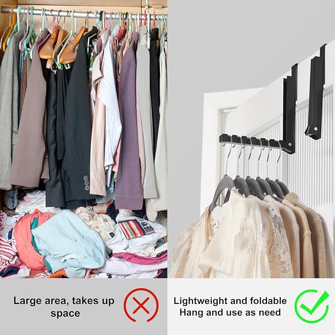 YAZYBHA Over The Door Hooks Hanger for Clothes, 1 Pack Foldable Over The Door Drying Rack for Laundry, Overdoor Hanger Hook with 6 Grooves for Towel, Coat, Black