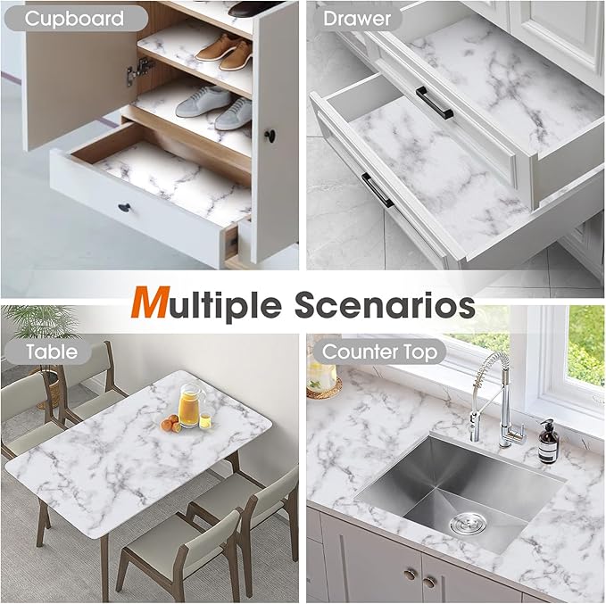 Drawer and Shelf Liner, Non-Slip Kitchen Cabinet Liners Non-Adhesive Thick Strong Grip Waterproof Washable Mats Protect Dresser Shelves Cupboard Bathroom Cabinets, White Marble, 24 in X 20 FT