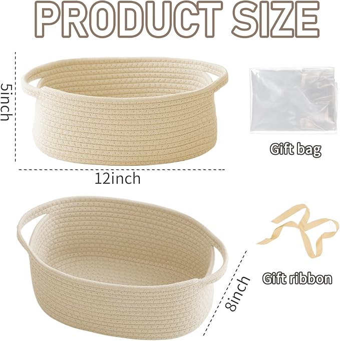 Woven Basket, Small Rope Storage Bin with Handles & Ribbon Bag, Organizer for Shelves Closets, Empty Gift Basket for Birthday, Books, Dog Toys, Beige/2 Pack