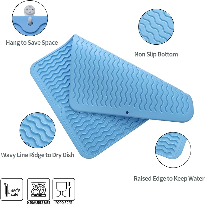 MicoYang Silicone Dish Drying Mat for Multiple Usage,Easy clean,Eco-friendly,Heat-resistant Silicone Mat for Kitchen Counter or Sink,Refrigerator or drawer liner Light Blue L 16 inches x 12 inches