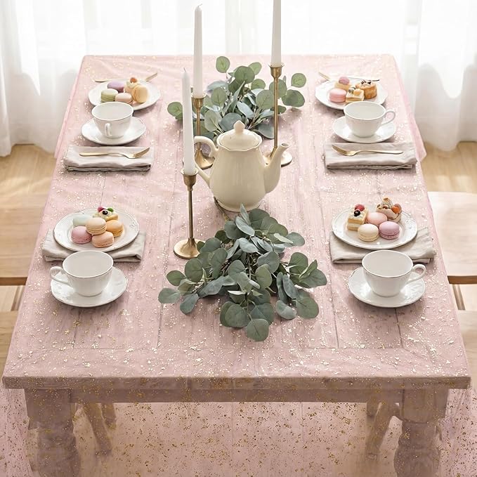 Horaldaily Pink Gold Gauze Tablecloth 52x70 Inch Rectangular, Golden Sequin Glitter Metallic Foil, Sheer Tulle Cheesecloth for Wedding Baby Shower Ceremony Birthday