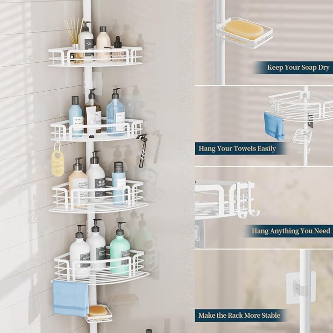 Consumest Shower Caddy Tension Pole - Adjustable Corner Shower Organizer with Soap Holder, Bath Shelves for Bathroom Storage, 27.6-108.3 inch, White