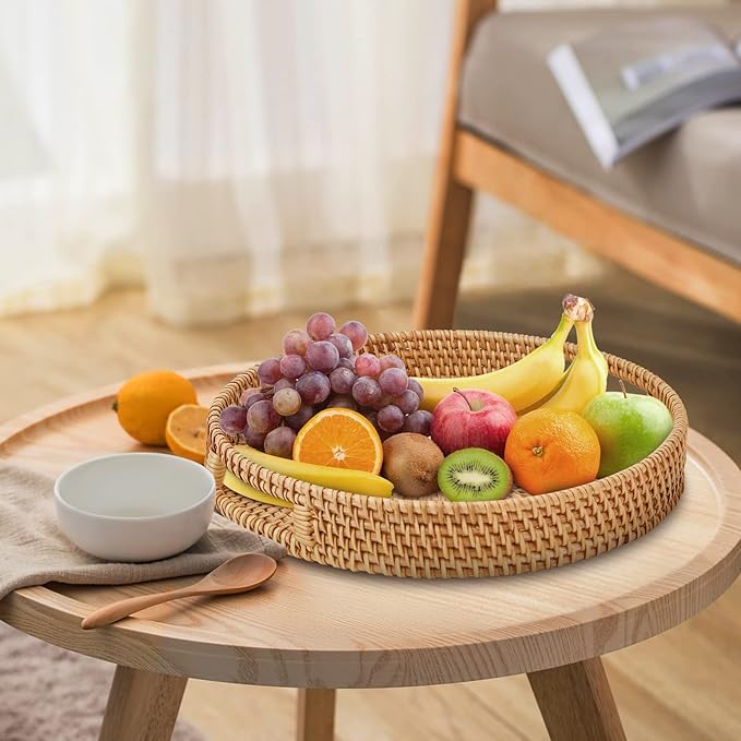 Round Rattan Serving Tray with Handles, Hand-Woven Basket, Home Decor Organizer Tray for Breakfast, Tea, Snack, Fruit, Coffee, Storage (Large) (14.17inchX2.3inch)