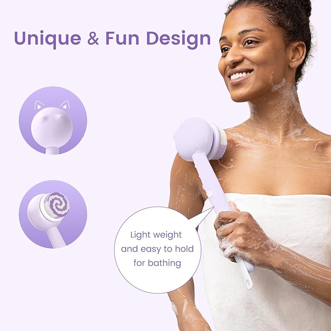 Electric Back Scrubber for Shower Body Brush, Waterproof Shower Body Scrubber for Cleansing, Massaging, Rechargeable Bath Brush for Kids & Adults with 2 Heads & 3 Speed Modes, Taro Purple XY0