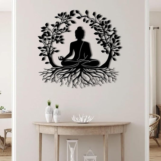 ENJOYOO Tree of Life and Buddha Metal Wall Decor, Tree of Life Wall Art, Buddha Metal Wall Art for Living Room, Bedroom, Outdoor (Black, 19×17in/47×44cm, metal wall art)