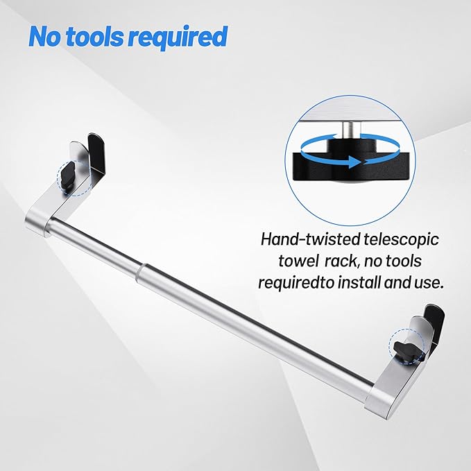 VEHHE Kitchen Towel Holder, Hand Screwed Telescopic Kitchen Towel Rack, Stainless Steel Adjustable Length and Width Over The Cabinet Door Towel Rack with EVA Foam Pad (Silver)