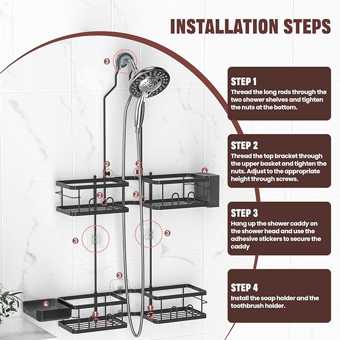 REINHARDT Adjustable Shower Caddy Hanging Rustproof Shower Caddy for Handheld Showerheads, Shower Organizer with Hooks Soap Holder Toothbrush Holder, Anti-Swing Shower Rack Bathroom Accessories, Black