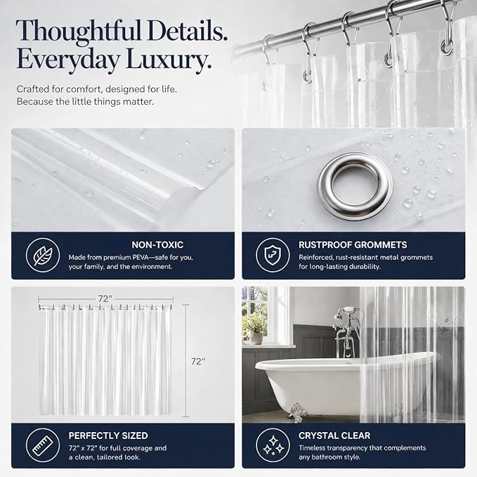 EHZNZIE Crystal Clear Shower Curtain Liner 60x72, PEVA Waterproof Bath Curtain, No Chemical Smell, 3 Weighted Magnets, Durable with Rustproof Metal Grommets