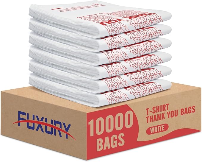Fuxury 10000 Count (10K) - Thank You Plastic T-shirt Bags for Small Bussiness (11.5" x 6.5" x 21") White, Grocery, Take Out, To Go, Retail Shopping Bags with Handle in Bulk