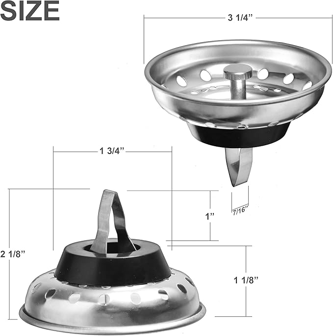2 Pack - Kitchen Sink Strainer and Stopper Combo Basket Spring Clip Replacement for Standard 3-1/2 inch Drain, Stainless Steel Basket and Rod, Rubber Stopper Bottom