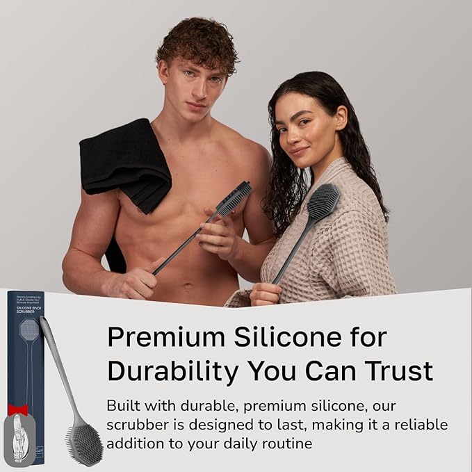 Silicone Back Scrubber with Long Handle - Octagon Body Brush for Shower, Bath, and Exfoliating - Skin Cleansing, Back Scrub and Gentle Silicone Sponge - Wash Your Body with Easy Reach - Gray