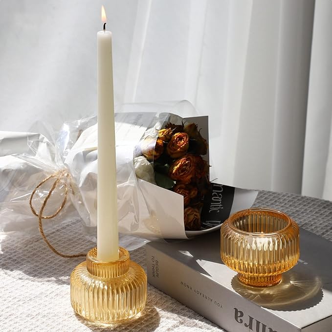 Woho Gold Candlestick Holder Set of 4, Tapered Candlestick Holders for Table Centerpiece, Glass Taper Candle Holders Bulk for Wedding Dinning Party