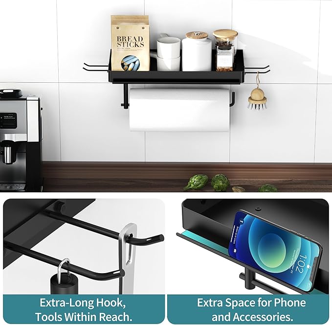 YIGII Wall Mount Paper Towel Holder with Shelf and Phone Stand, Garage Stainless Steel Paper Towel Rack with 4 Hooks for Shop Organization and Storage (Black)