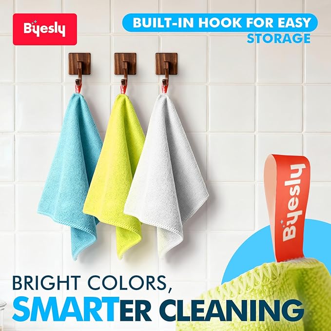 Byesly 12-Pack Microfiber Cleaning Cloth, 11.5x11.5 Microfiber Towels for Cars, Dishes & House, for Detailers, Chefs & Efficient Home | Scratch-Free, Lint-Free, Ultra Absorbent(Yellow/White/Blue)