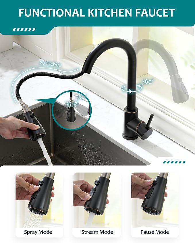 VFAUOSIT Oil-Rubbed Bronze Kitchen Faucet with Pull Down Sprayer – High Arc Single Handle Classic Design, Stainless Steel Single Hole for Farmhouse Camper Laundry RV Bar Sink