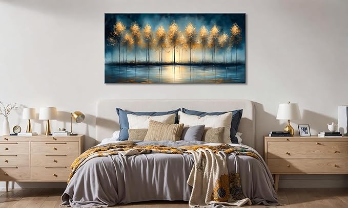 ZESTRILIA Golden Trees Wall Art Impression Canvas Abstract Sunset Oil Painting Reproduction Print Artwork Landscape Picture for Living Room Bedroom Home Office Kitchen Décor (23x46inch)