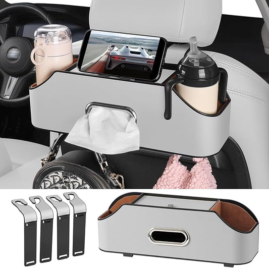 Sancaral Car Rear Backseat Extra Multifunctional Drink Cup Holder Organizers with Tissue Storage Box Organizer & Hooks for Car Seat Back (Gray)