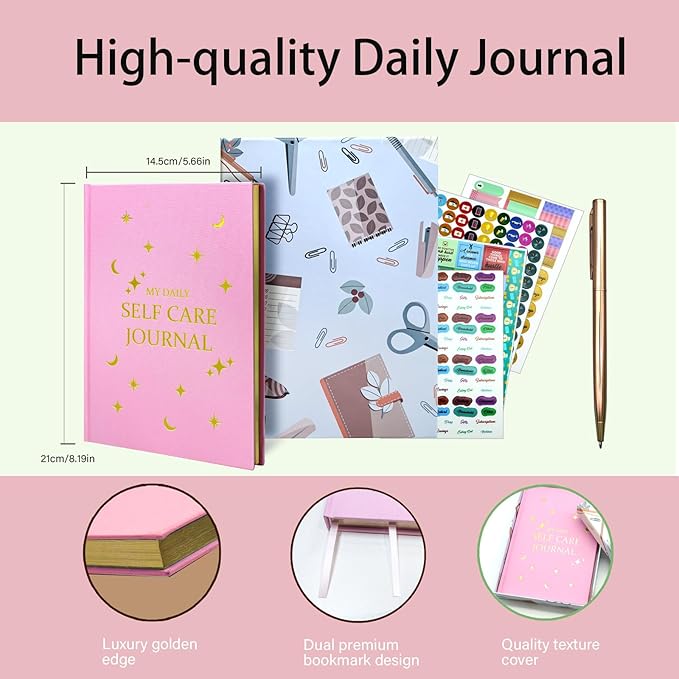 Gratitude Journal, Daily Reflection Journal for More Happiness, Mindfulness & Affirmation, Self Care Journals for Women & Men, 6 Inspirational Stickers and Ballpoint Pen, Pink