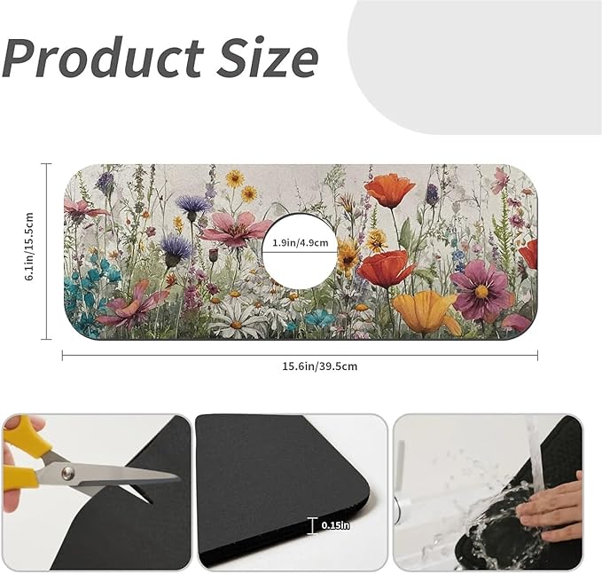 Kitchen Sink Splash Guard，wildflowers-in the meadow Faucet Mat Sink Gadgets-Super Absorbent Fast Drying Mat Drip Catcher for Kitchen, Bathroom,Sink Mat, Dish Drying Mat, Bathroom(15" X 5.5" )