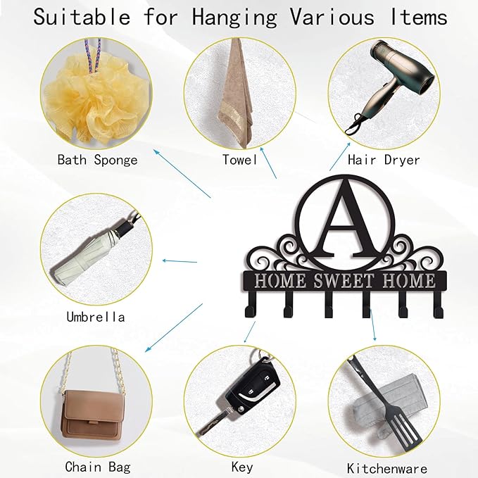Metal Letter A Key Holder for Wall, Monogram Coat Rack Wall Mount, Key Hooks Perfect for Bathroom, Living Room, Kitchen, Office Ideal Wedding, Anniversary, Housewarming Gift (A)