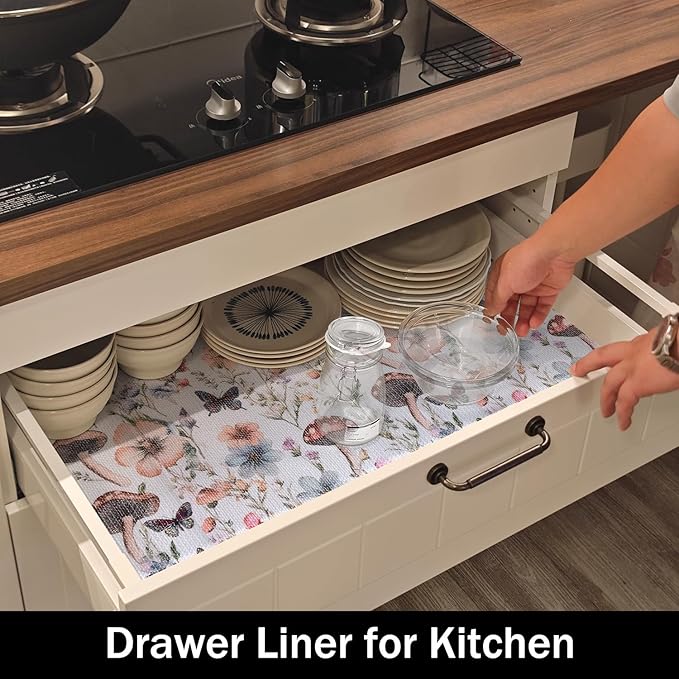 Mushroom 24IN x 10FT Shelf Liners Non-Adhesive and Strong Non-Slip Shelf and Drawer Liners for Kitchen Cabinet Wire Fridge, Waterproof Shelf Drawer Liner, Easy to Clean