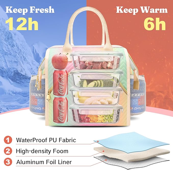 Lunch Bag Women Insulated Lunch Box Wide-Open Lunch Tote Bag Large Drinks Holder Durable Nylon Thermal Snacks Organizer for Men Adults Work Picnic Hiking Beach Fishing, Pink Wavy