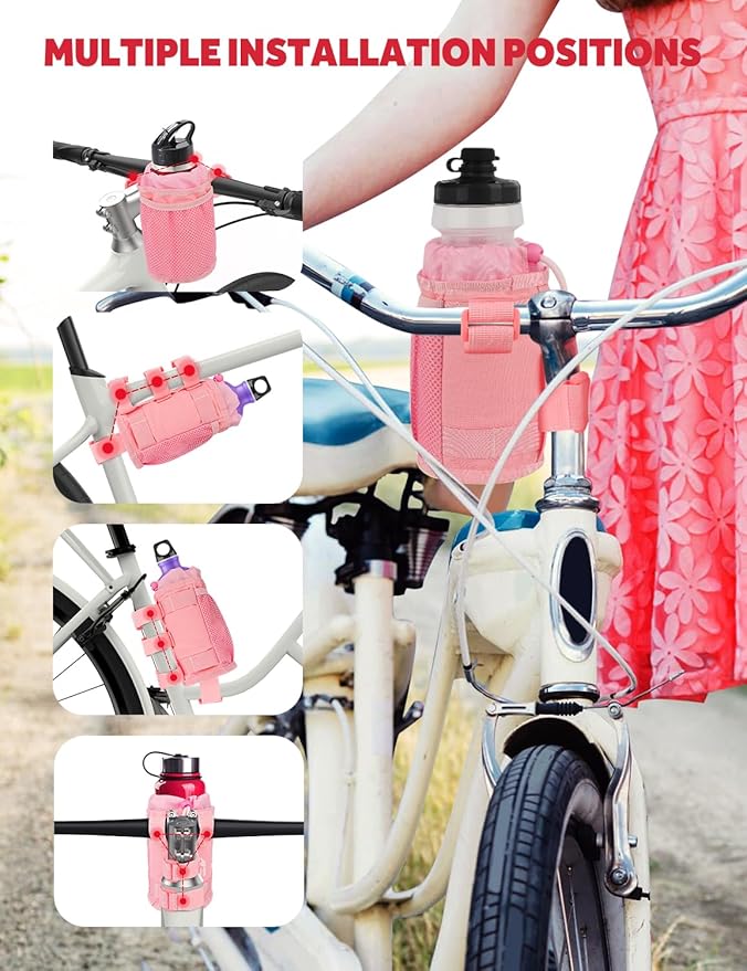 Bike Cup Holder, Water Bottle Holder Handlebar for Bike with Mesh Pockets, Universal Fabric Bicycle Water Bottle Drink Cup Cage for Cruiser Bikes, Scooter, Mountain MTB, Stroller, Wheelchair, Boat