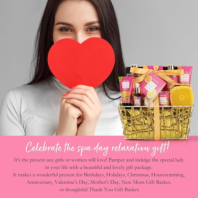 Bath & Body Gift Set, Luxury Christmas Gifts for Women Citrus Pink Grapefruit Spa Kit Gift Woman, 11 Pcs Self Care Kit Gifts With Bubble Bath, Massage Oil, Bath Brush, Birthday Gifts for Women