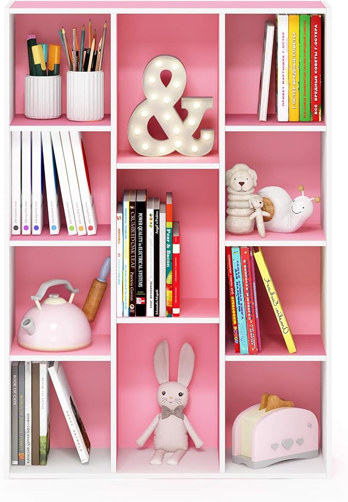 Furinno LUDER Book Shelf, 11-Cube Bookshelf, Reversible Bookcase, 9.4 x 29.1 x 41.7, for Living Room, Bedroom, Home Office, White/Pink