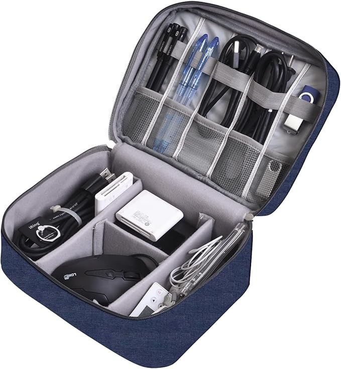 Cable Organizer Bag for Women or Men, Electronic Accessories Carry Case Portable Waterproof Double Layers All-in-One Storage Bag for Cord, Charger, Phone, Earphone (Navy Blue)
