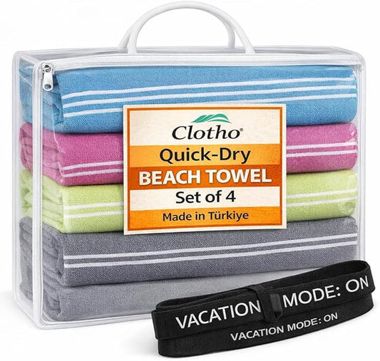 Clotho Turkish Beach Towel Set of 4 – 100% Turkish Cotton, Oversized & Quick Dry – Sand Free Lightweight Travel & Pool Towels with Chair Bands – Giftable Clear Carry Case – Made in Türkiye