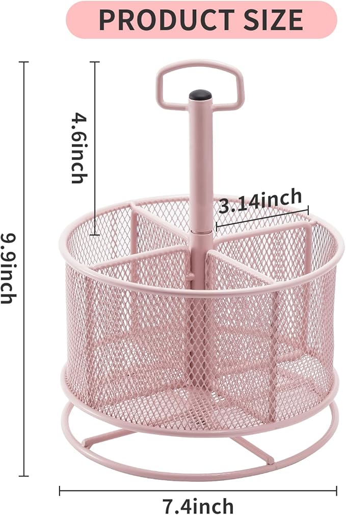 Marbrasse Mesh Desk Organizer, 360-Degree Rotating Multi-Functional Pen Holder, 4 Compartments Desktop Stationery Organizer, Home Office Art Supply Storage Box Caddy (Pink)